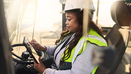 Image showing Logistics, tablet and black woman in crane in shipping plant, manufacturing supply chain or ecommerce delivery warehouse. Thinking industrial manager, engineering worker and leader with 5g technology