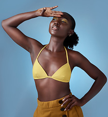 Image showing Makeup, fashion and black woman for summer, cosmetics or clothes with blue studio background mock up. Young, gen z african or Kenya girl model with proud and empowerment beauty for advertising mockup