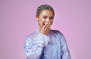 Image showing Happy, black woman and secret portrait with studio pink background with quirky and fashionable style. Trendy, surprised and wow black fashion girl with satisfied and shocked smile with wall mockup.
