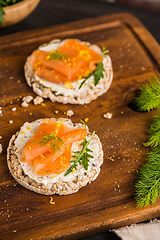 Image showing Smoked salmon on rice bread toasts