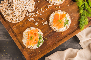 Image showing Smoked salmon on rice bread toasts