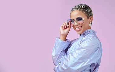 Image showing Fashion, sunglasses and black woman in vaporwave jacket on pink background in studio mock up space advertising and marketing. Gen z girl or young model with retro or vintage style portrait mockup