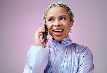 Image showing Happy black woman with phone call, fashion and talking against a mockup purple studio background. Conversation, communication or discussion on 5g mobile smartphone technology with edgy young female