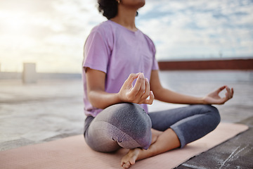 Image showing Woman doing meditation, yoga and hands for peace of mind. Wellness, zen and exercise on yoga mat in the morning in urban city. Balance lifestyle, motivation and spiritual girl in stress relief pose