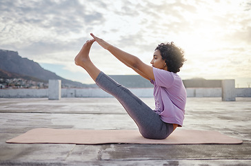 Image showing Woman does yoga stretching, meditation breathing and fitness exercise on floor outside for healthy body wellness. Zen exercises for spiritual wellbeing, balance in life and improve sport performance