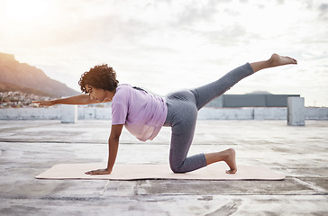 Image showing Stretching, balance and yoga woman outdoor mockup and training for wellness, body health and fitness lifestyle. Workout, exercise and sports person with pilates training in the city