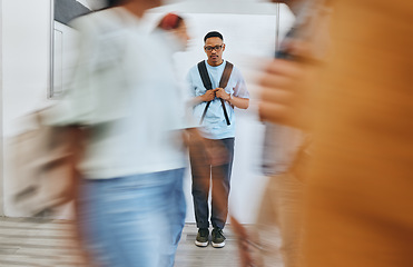 Image showing Bullying, depression and sad university student, black man and mental health problems in busy college. Social anxiety, depressed and lonely campus guy, loser and victim fail in school youth education