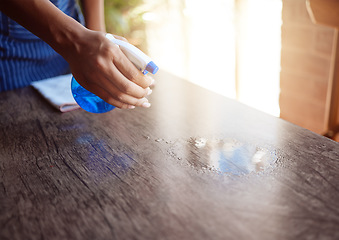 Image showing Cleaner, hand and spray cleaning table with sanitizer in home, office or restaurant. Waitress, waiter and bottle with chemical to clean dirt, bacteria or covid 19 in cafe, house or coffee shop