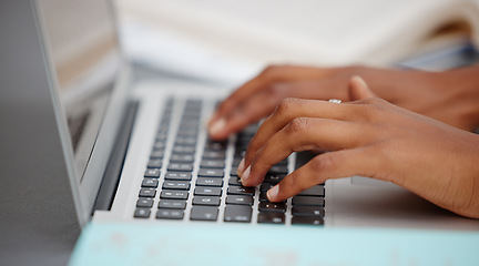 Image showing Woman college student hands typing laptop keyboard, email and freelancer, blogging and website research. Closeup fingers computer elearning, internet connect and planning university education course