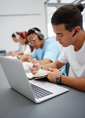 Image showing Music, laptop and university student studying for exam with technology for online course information, research class. College people with headphones for elearning translation audio and writing notes