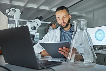 Image showing Tablet, laptop and laboratory man with glass beaker in medical research, healthcare innovation study or vaccine data analysis. Thinking scientist, medicine worker or technology for future dna science