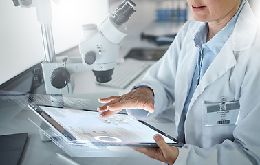 Image showing Science, future and tablet, woman in laboratory doing research in hospital in Switzerland. Technology, medical innovation and a university lab worker or scientist looking at information online.