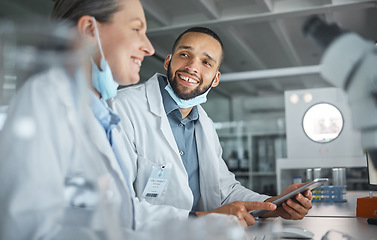 Image showing Laboratory, science and tablet with people happy working together online. Scientists, smile and research in discussion with digital tech in hand at work in lab happy with results, test or data