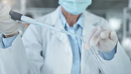 Image showing Covid lab, science research and scientist working on a medical solution to a virus with a chemical at work. Pharmaceutical doctor doing chemistry analysis for development of medicine at a clinic