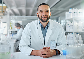 Image showing Research, science and innovation scientist portrait for trust, healthcare, pharmaceutical or medical drugs test laboratory. Young, professional biotechnology expert experience in medicine or vaccine