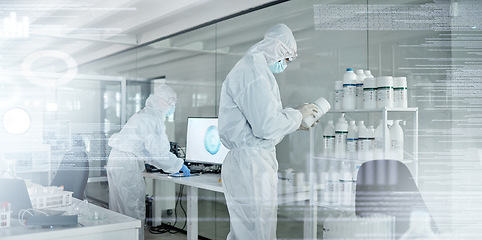 Image showing Lab work, covid security and scientist working to find a medical development on the internet with chemical at work. Healthcare workers doing research for futuristic innovation of science with uniform