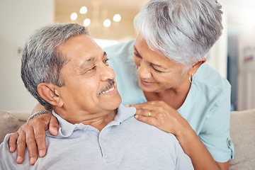 Image showing Love, senior couple and trust between partners at home to relax, bond and enjoy free time together during retirement in healthy relationship or marriage. Happy old man and woman in their Mexico house