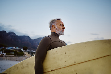 Image showing Surfer, beach and old man with surfboard to start surfing with freedom and ocean waves in Brazil outdoors. Sports, tourist and senior person in retirement looking at sea water on holiday vacation