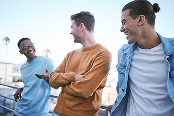 Image showing Men, friends group and conversation outside bonding, laughing and happy discussion on sidewalk together. Diversity, gen z people speaking funny and relaxing talking, smiling and happiness