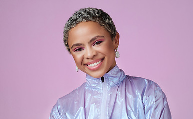 Image showing Smile, black woman and fashion influencer with in portrait with makeup in a pink studio background with mockup. Happy, beauty and happy girl smiling with a cool, trendy and modern jacket in Paris