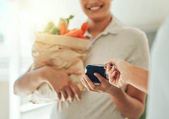 Image showing Credit card, courier home delivery and payment for vegetables, paper bag logistics and groceries. Customer hands giving point of sale shopping on rfid machine, scan and tap for digital fintech money