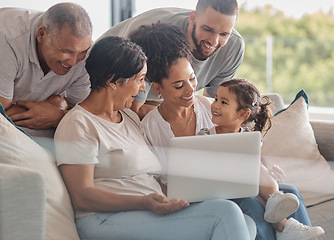 Image showing Happy, laptop and big family streaming a movie, relaxing and bonding together on the weekend at home. Child, grandparents and mother with father watching movies on online entertainment subscription