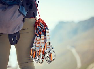 Image showing Hiking, climb and cables of gear for mountain adventure, equipment and backpacking in nature. Hiker or climber in sportswear for rock climbing, harness and backpack for hike safety in sports exercise