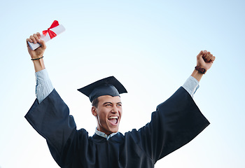 Image showing Education, success and student celebrating university graduation, cheeriing, joy and victory. Motivation, vision and man excited about educational goal accomplishment at certificate ceremony outdoor