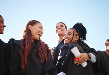 Image showing College graduation, friends and student hug with happiness at graduate ceremony outdoor. Diversity of happy university group with education success smile about scholarship achievement and proud day
