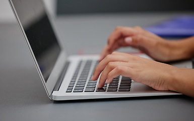 Image showing Laptop, computer or hand working, typing on keyboard for planning, schedule and meeting review in office desk. Zoom, hands and strategy analytics for marketing agency, research or SEO KPI data growth