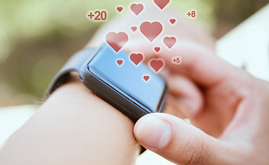 Image showing Hands, fitness smartwatch or heart abstract on health digital tracker for wellness training time, workout exercise or 3D data. Zoom, hands and sports personal trainer with futuristic clock technology