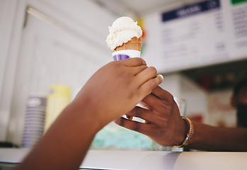 Image showing Hands, customer and ice cream for woman buying cone at local shop for small business support. Counter for sugar, dessert and gelato purchase snack from seller person to enjoy frozen product in summer