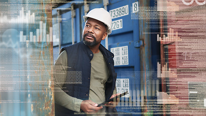 Image showing Logistics, communication and black man with digital tablet while working with overlay or double exposure at shipping container. Employee thinking, idea and planning schedule for cargo delivery
