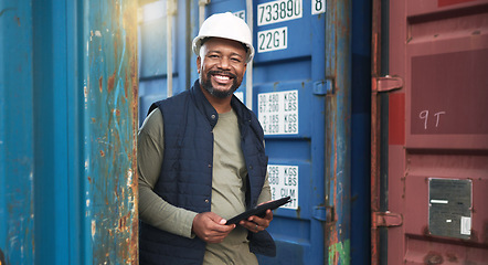 Image showing Supply chain, logistics and tablet with a black man delivery worker walking in a container yard for export. Ecommerce, shipping and internet with a male cargo employee working with freight or stock