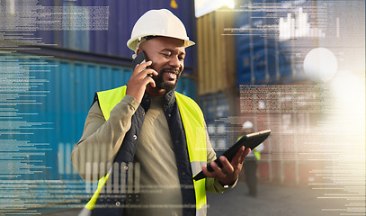 Image showing Logistics, supply chain and tablet with a man on call for online order and shipping in a container yard with overlay. Ecommerce, futuristic and communication with a delivery courier at work in export