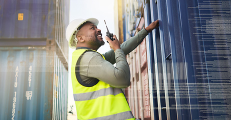 Image showing Shipping, container and logistics manager with a radio talking, communication and conversation. Black man working on stock export of cargo delivery, transport and supply chain industry at the port