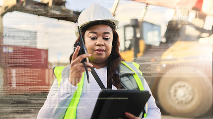 Image showing Black woman, logistics industry and communication on radio, talking about shipping innovation or manufacturing with overlay. Quality tracking manager or online inspection leader planning with tablet