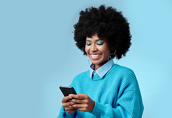 Image showing Mockup, smile and black woman with phone typing a online communication message to a contact using social media app. Retro, vintage and happy girl with afro hair doing a internet, web or online search