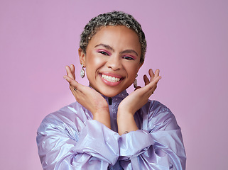 Image showing Black woman, happy portrait and neon fashion, unique makeup and retro style on pink studio background. Smile, bold colorful and young gen z beauty influencer, model and happiness in cyberpunk style