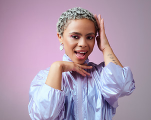 Image showing Retro fashion, black woman and happy portrait, unique makeup and neon style on pink studio background. Funky, bold and colorful young gen z girl, influencer and model with techno cyberpunk attitude