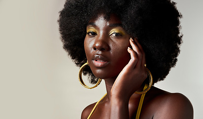 Image showing Fashion, face makeup and creative black woman with designer power against a mockup studio background. Portrait of an African model with cosmetic art for empowerment and beauty with mock up space