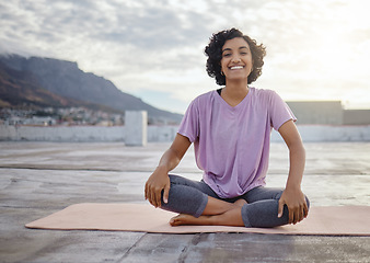 Image showing Fitness, yoga and woman training for wellness, health and body goal in the city of India. Portrait of a happy, Indian and spiritual girl doing a workout, exercise and outdoor meditation to relax