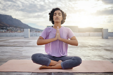 Image showing Woman meditation, yoga outdoor and pray namaste for peace, zen and mindset of training, workout and exercise. Calm, relax and focus fitness female for breathe healthy energy, balance and wellness