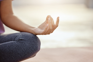 Image showing Woman, hands and meditation mudra for mental health wellness, chakra energy and mindset training on mockup space. Zoom, relax yoga and pilates person in zen, peace or calm holistic exercise in studio