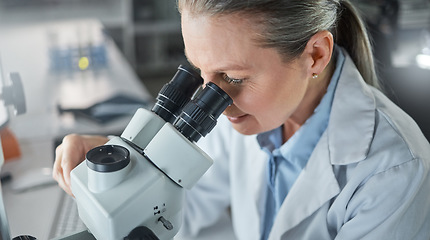 Image showing Science, research and microscope with a woman engineer working in her laboratory on innovation and development. Analytics, future and sample with a scientist at work with DNA or RNA in her lab