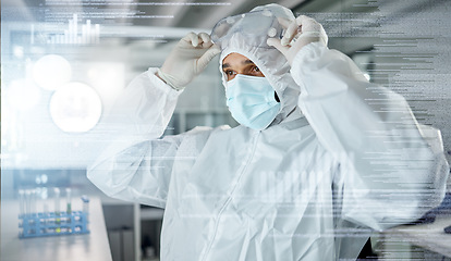 Image showing Covid lab, medical science and scientist working on research for medicine innovation at work. Chemistry doctor with uniform for safety from virus and chemical during test and analysis at a hospital