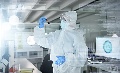 Image showing Covid, lab and futuristic research for vaccine with test tube and graphic chemistry screen overlay. Healthcare science and medicine doctor with protection face mask and uniform for cure analysis.