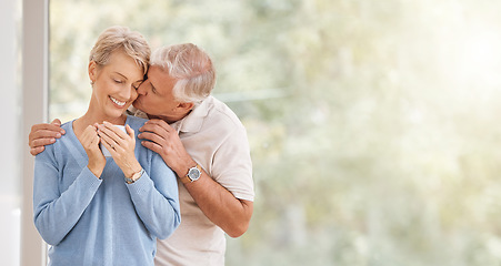 Image showing Coffee morning, kiss and senior couple with smile during breakfast in retirement house at window with mockup space. Elderly man and woman with love and hug during holiday in Portugal and drink of tea