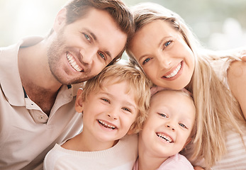 Image showing Happy family in a portrait together for summer, outdoor wellness and holiday with mother, father and children. Love, care and smile face of people or kids with mom, dad or parents with sunshine bokeh