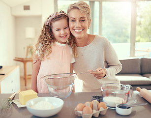 Image showing Portrait, mother and child baking in a happy family kitchen with young girl learning to bake a cake or cookies at home. Smile, development and mom teaching kid cooking skills and independence in USA